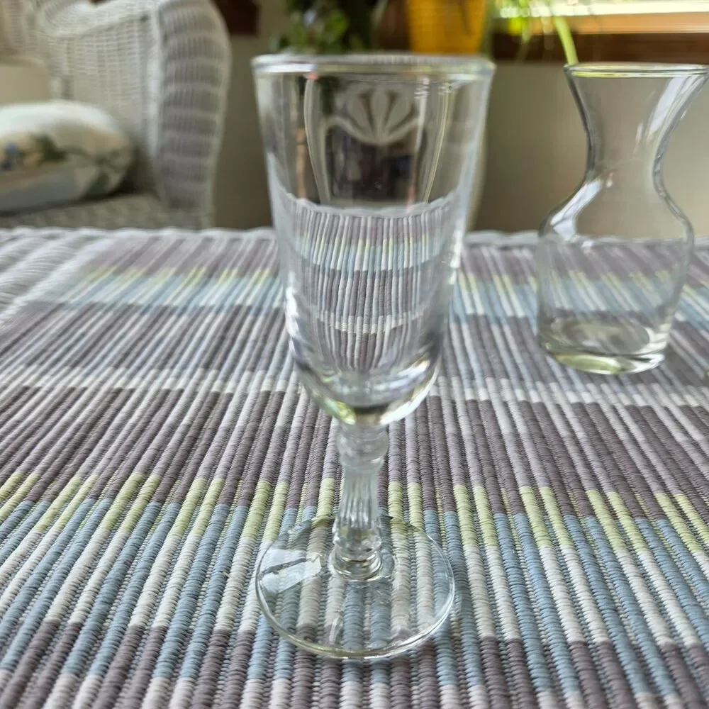 Vintage Libbey Cordial Columbian Clear Stemmed Glasses Pair And Carafe Decanter